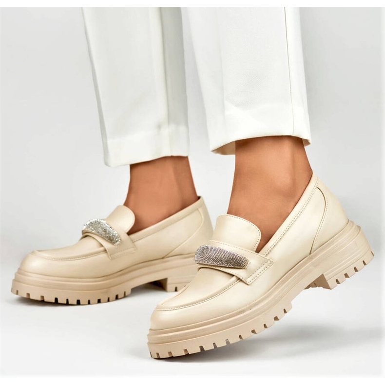 Półbuty damskie mokasyny z cyrkoniami beżowe 7961BE beżowy