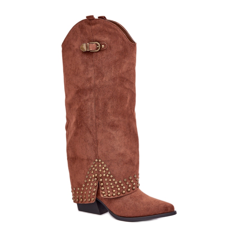 Kozaki damskie z ozdobną cholewką brązowe