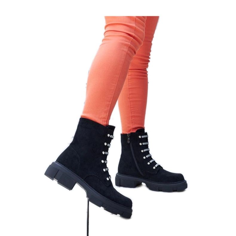 Czarne botki z cyrkoniami ocieplane eko-zamszowe