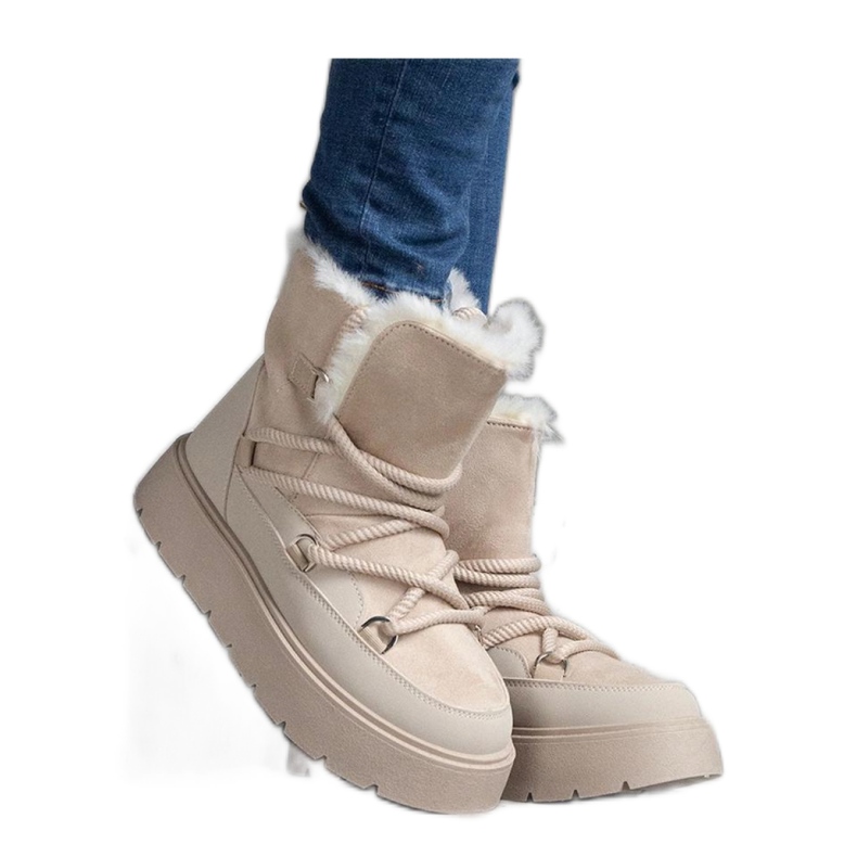 Śniegowce na platformie ocieplane futerkiem beżowy