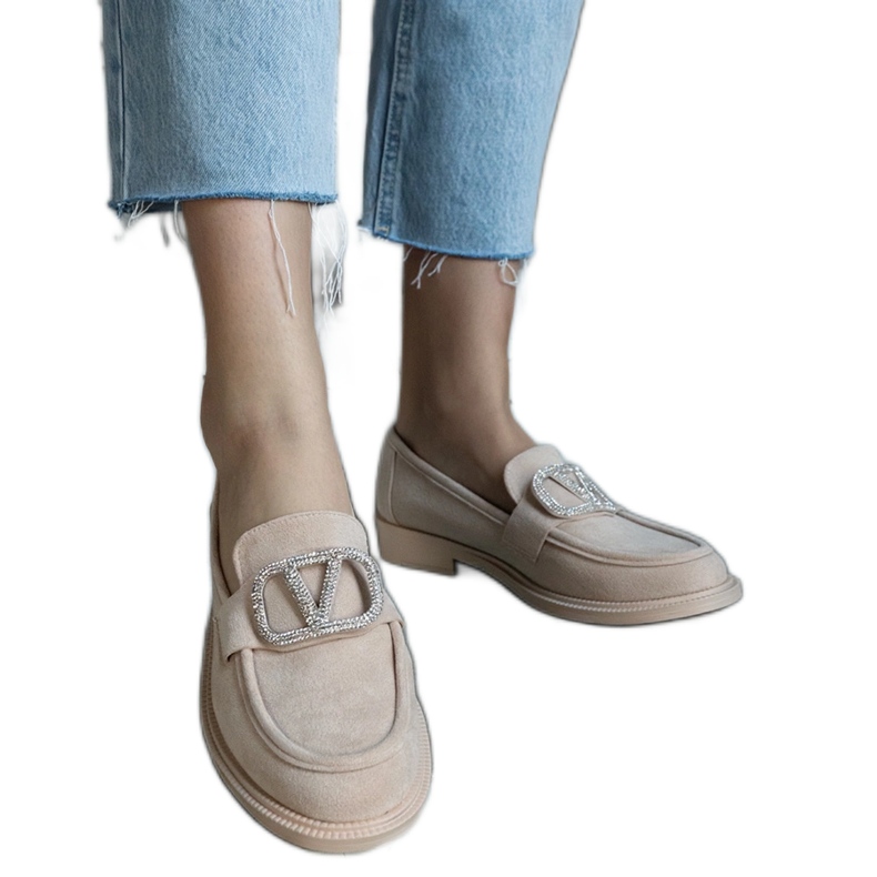 Beżowe mokasyny zdobione cyrkoniami beżowy