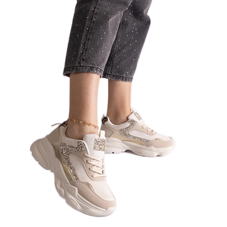 Beżowe sneakersy z brokatowymi wstawkami beżowy