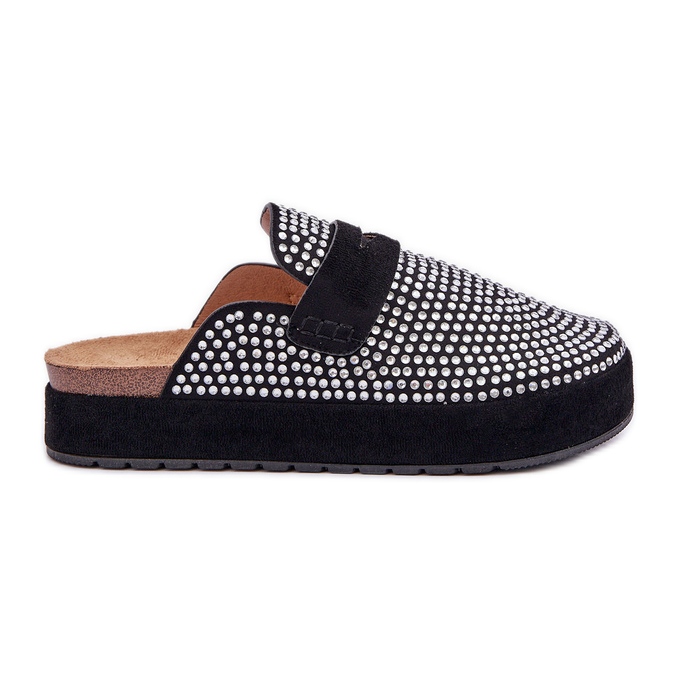 Klapki Damskie Zdobione Cyrkoniami Na Platformie Czarne