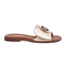 Skórzane Klapki Z Ozdobą Na Płaskim Obcasie Zazoo 3047/O Złote złoty
