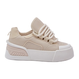 Sneakersy Damskie Z Grubymi Sznurówkami Na Platformie Beżowe beżowy