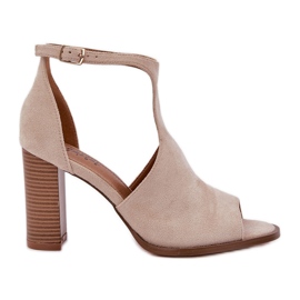 Sandały Na Słupku Z Eko Zamszu Jasnobeżowe beżowy