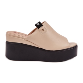 Klapki Na Platformie I Koturnie Eko Skórzane Beżowe beżowy