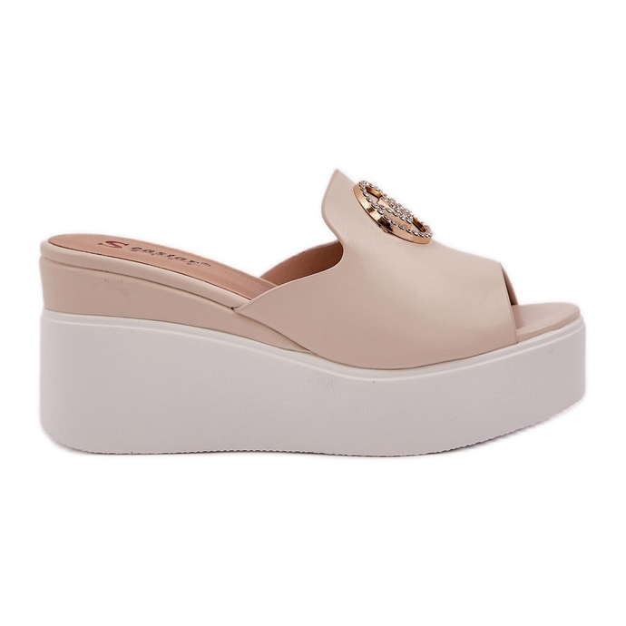 Klapki Na Koturnie Z Ozdobą Jasnobeżowe beżowy