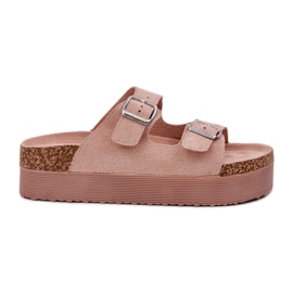 Klapki Damskie Na Masywnej Platformie Z Klamrami Różowe