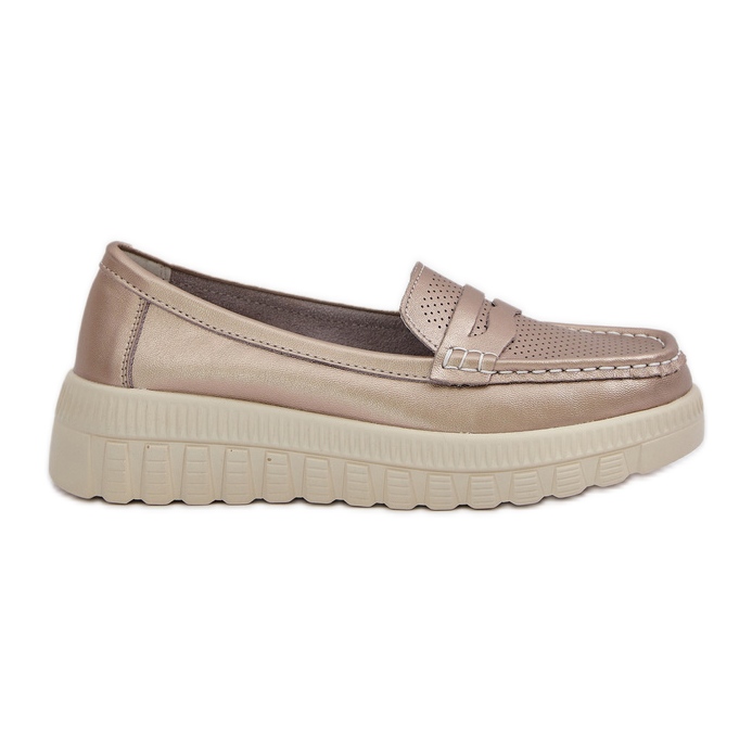 Skórzane Mokasyny Ażurowe Damskie Na Platformie I Koturnie CHAMPAGNE złoty