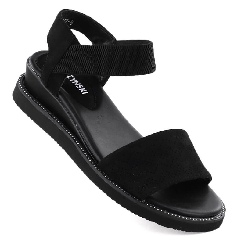 M. DASZYŃSKI Sandały damskie na niskim koturnie zamszowe czarne M.Daszyński MR2267-8