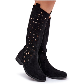 S.Barski Ażurowe Kozaki Na Płaskim Obcasie HY51-176 Czarne