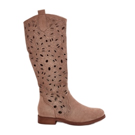 S.Barski Ażurowe Kozaki Na Płaskim Obcasie HY51-176 Beżowe beżowy