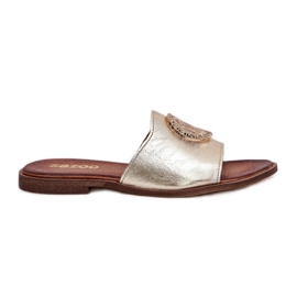 Zazoo 2938 Skórzane Klapki Na Płaskim Obcasie Z Ozdobą Złote złoty