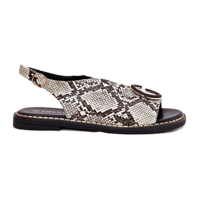 Płaskie Sandały Z Ozdobą Wężowy Wzór Beżowo-Brązowe beżowy