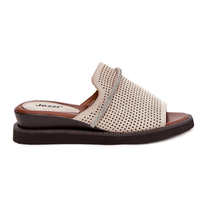 Jezzi Klapki Damskie Na Koturnie Z Ozdobnym Paseczkiem Beżowe beżowy