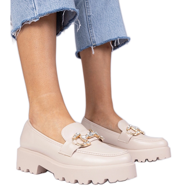 Beżowe eleganckie mokasyny z cyrkoniami beżowy