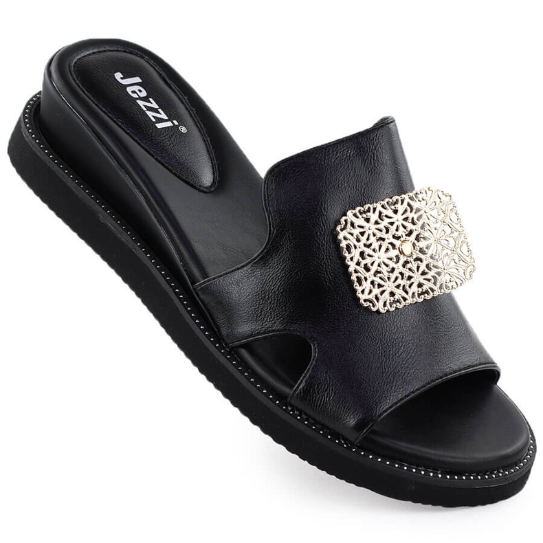 Eko-skórzane klapki na platformie czarne z ozdobą Jezzi 2267