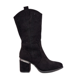 Ażurowe Kozaki Kowbojki Do Połowy Łydki S.Barski HY51-238 Czarne