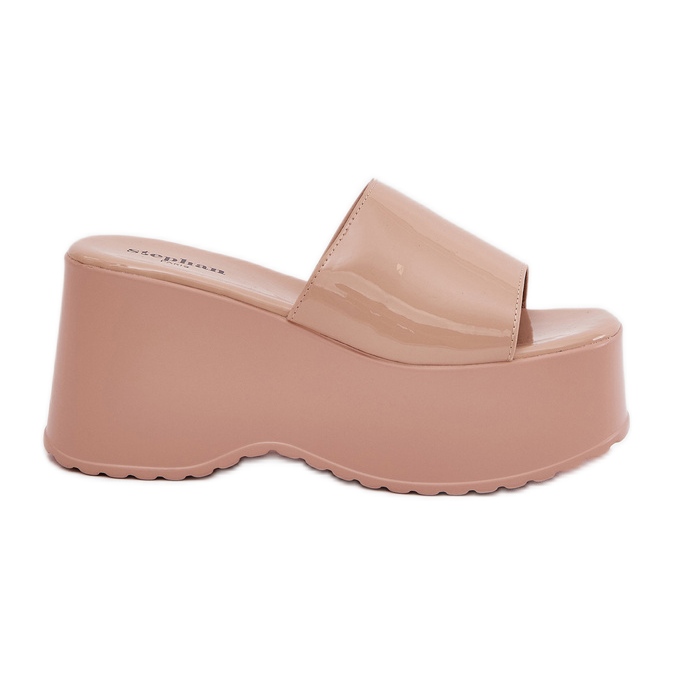 Lakierowane Klapki Damskie Na Platformie I Koturnie Beżowe beżowy