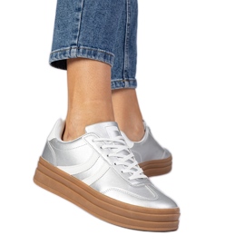 Srebrne sneakersy trampki damskie sportowe na platformie srebrny
