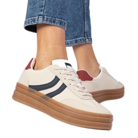 Beżowe sneakersy trampki damskie z granatowym dodatkiem białe
