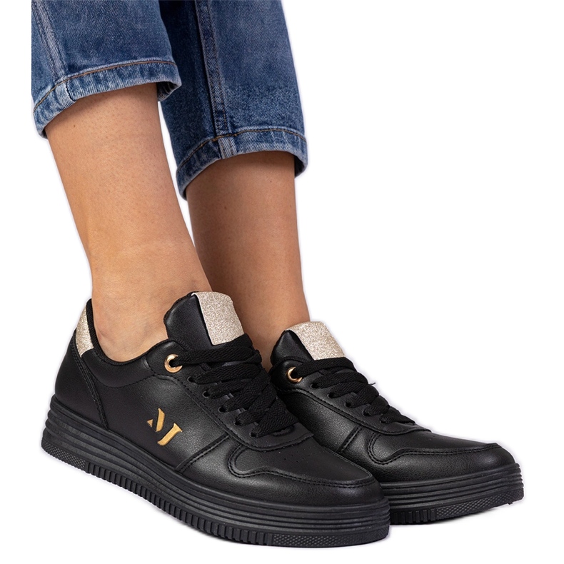 Czarne sneakersy damskie ze złotym brokatem