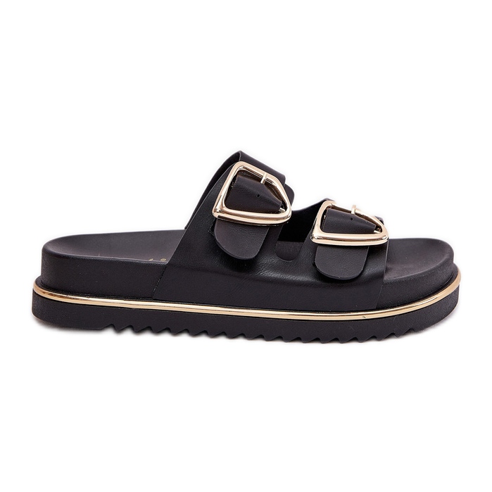 Klapki Damskie Na Platformie Ze Złotymi Klamrami Czarne