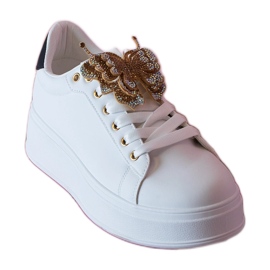 Biało-czarne sneakersy zdobione motylkiem z cyrkoniami białe