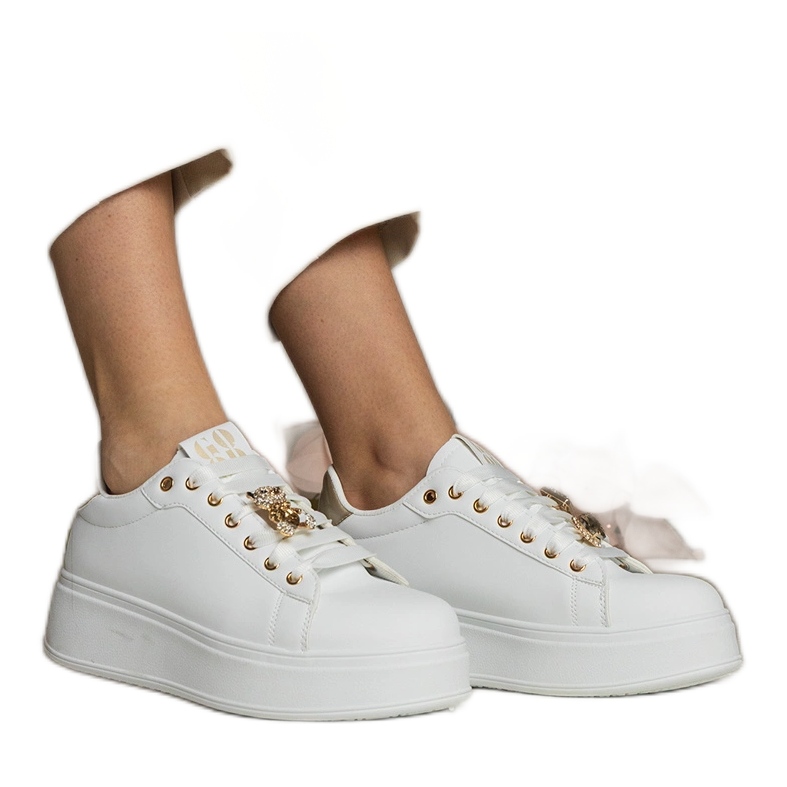 Biało-złote sneakersy damskie zdobione kamieniami białe