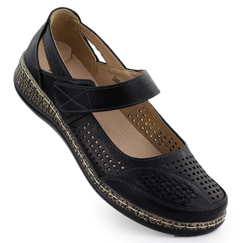 Półbuty damskie na rzep ażurowe czarne Unisoft 7026