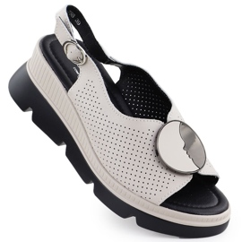 Skórzane sandały damskie na koturnie ażurowe beżowe S.Barski LR51-788 beżowy