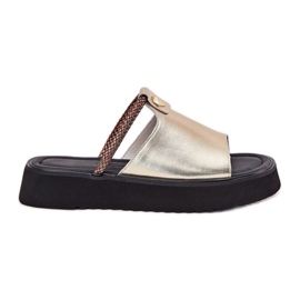 S.Barski Skórzane Klapki Damskie Na Platformie Z Ozdobnym Paskiem D&A MK51-475 Złote złoty