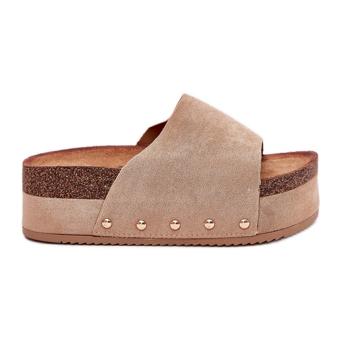 Klapki Damskie Na Masywnej Platformie Eko Zamszowe Khaki beżowy