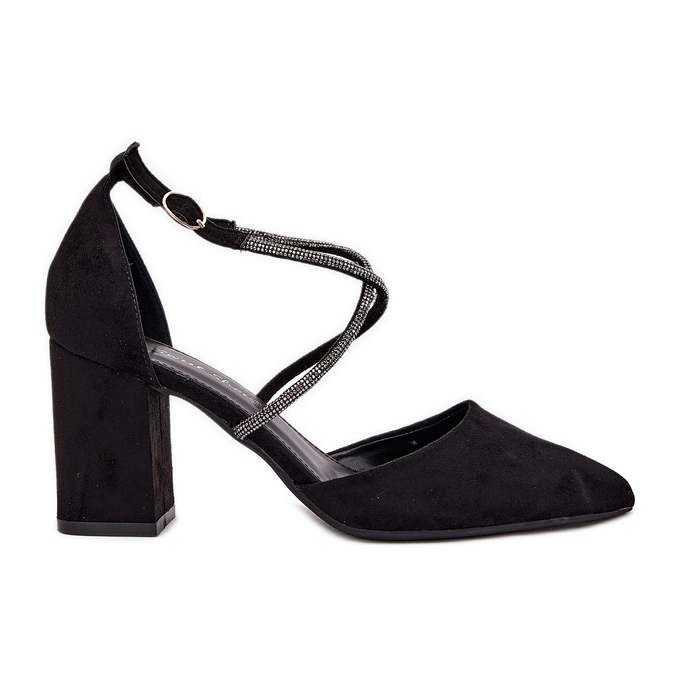 Czółenka Ze Szpiczastymi Noskami I Zdobionymi Paseczkami Na Słupku Czarne