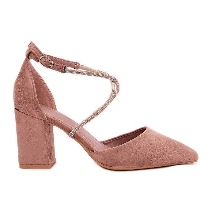 Czółenka Ze Szpiczastymi Noskami I Zdobionymi Paseczkami Na Słupku Ciemnobeżowe beżowy