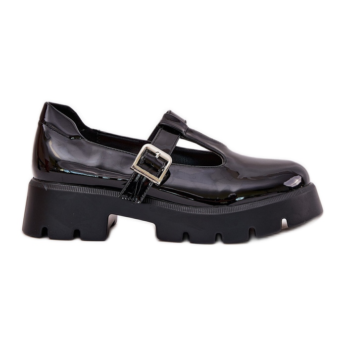 Lakierowane Półbuty Damskie Z Klamrą Na Platformie I Płaskim Obcasie Czarne