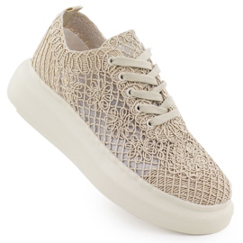 Buty damskie na platformie koronkowe beżowe Vinceza 17371 beżowy