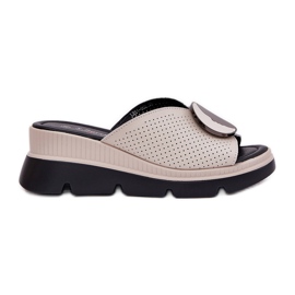 Skórzane Klapki Damskie Z Ozdobą S.Barski LR51-662 Beżowe beżowy