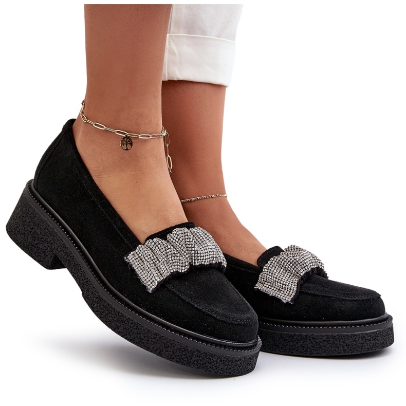 Zazoo 3419 mokasyny damskie zamszowe z ozdobnym paseczkiem czarne