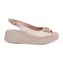 Skórzane Sandały Damskie Na Koturnie Z Ozdobnym Detalem S.Barski LR51-593 Złote złoty