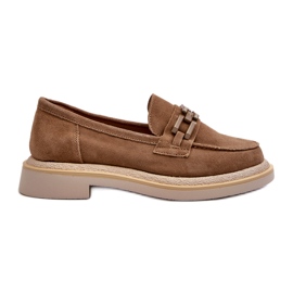 S.Barski Mokasyny damskie zamszowe na płaskim obcasie z ozdobą TW101 brąz-oliwka beżowy