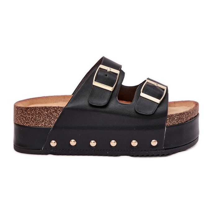 Klapki Damskie Z Klamrami Na Masywnej Platformie Czarne