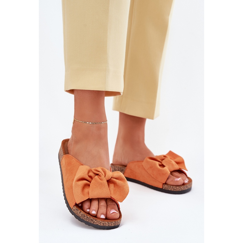 Klapki Damskie Na Korkowej Podeszwie Kokardką Pomarańczowe