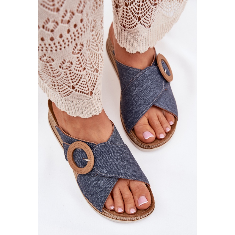 Klapki Damskie Na Koturnie Z Ozdobną Klamrą Inblu RV000012 Niebieskie