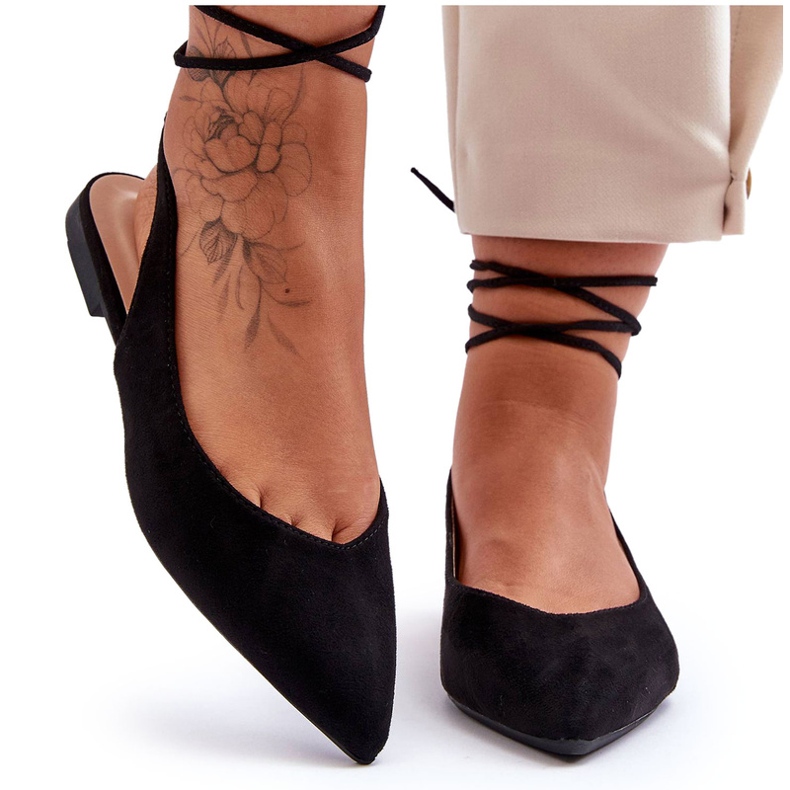 Damskie eko-zamszowe baleriny czarne wiązane