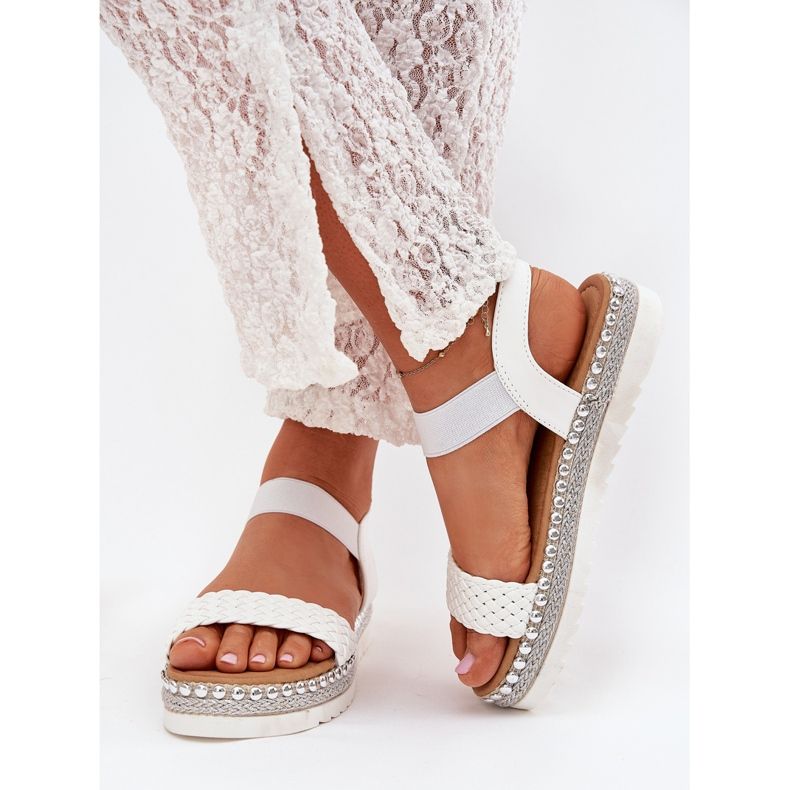 Boto Sandały Damskie Z Plecionką Na Zdobionej Platformie Białe Velara