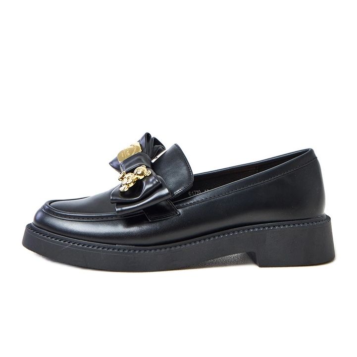 Czarne mokasyny z kokardką i misiem Teriwa