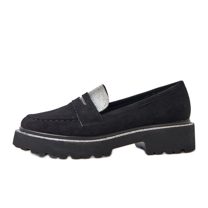 Czarne mokasyny ekozamszu zdobione cyrkoniami Kloren