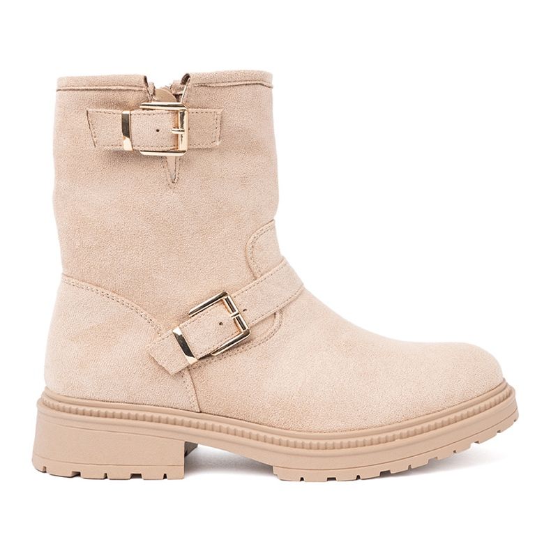 Shelvt Stylowe jsnobeżowe botki z ozdobnymi klamrami